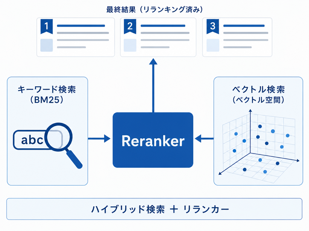 ハイブリッド検索とリランカーで精度を作り込むイメージ