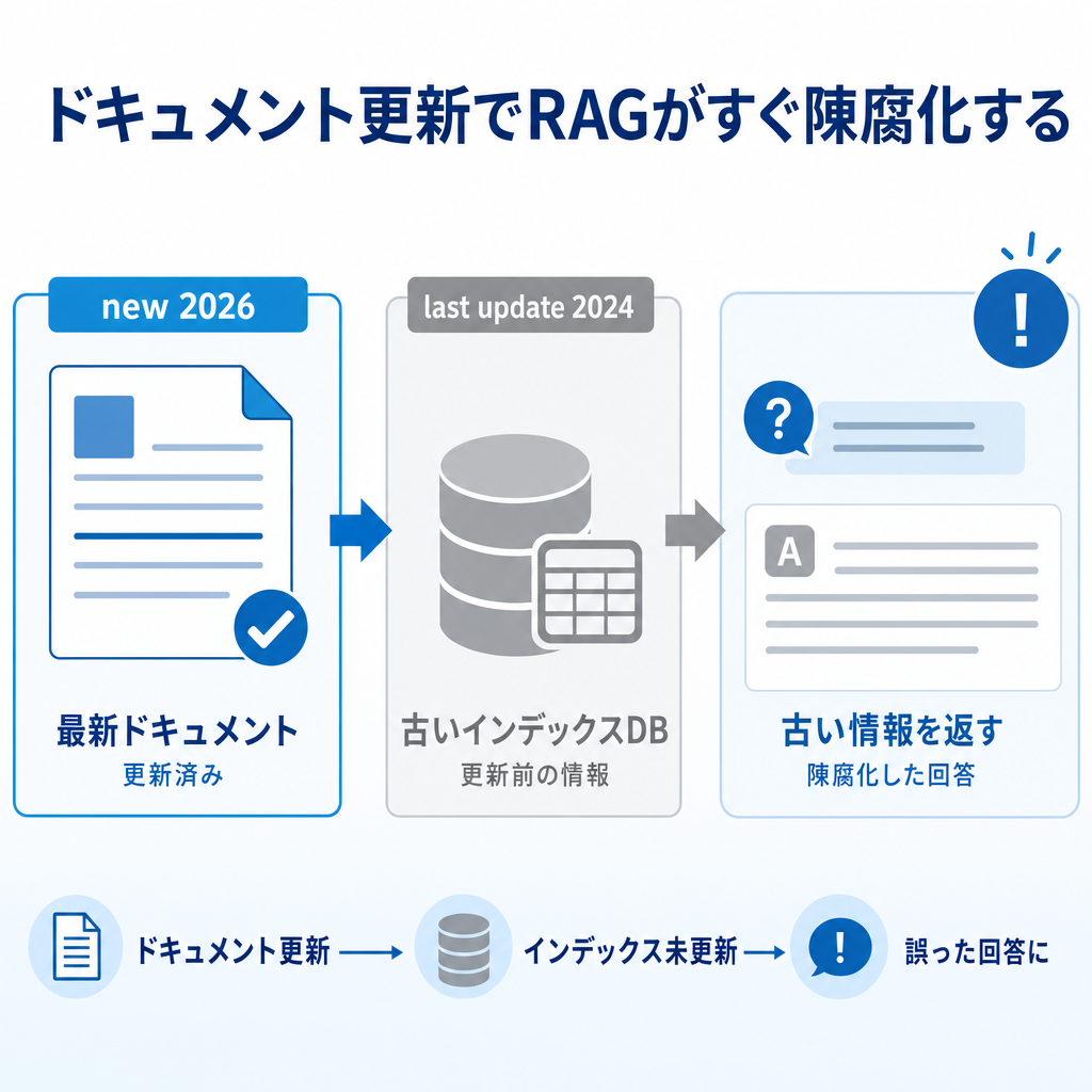 ドキュメント更新でRAGがすぐ陳腐化する課題のイメージ