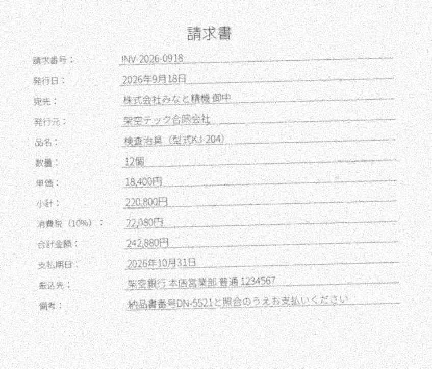 実測に使った架空の請求書のうち、解像度を落として1.5度傾け、ノイズを加えた劣化版の画像。請求番号・発行日・宛先・品名・金額などの14行が並ぶ