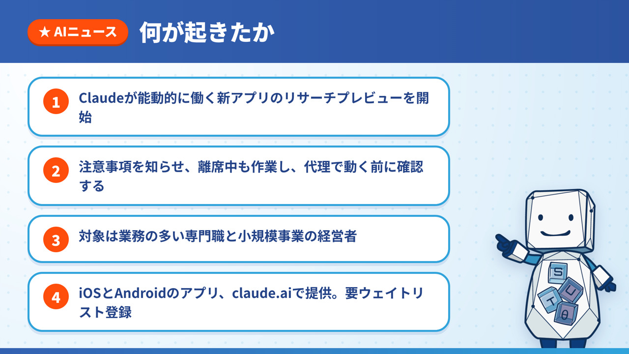 Claude Duetの発表内容を4点にまとめた図解。リサーチプレビューの開始、通知と作業の代行、対象、提供形態とウェイトリスト登録