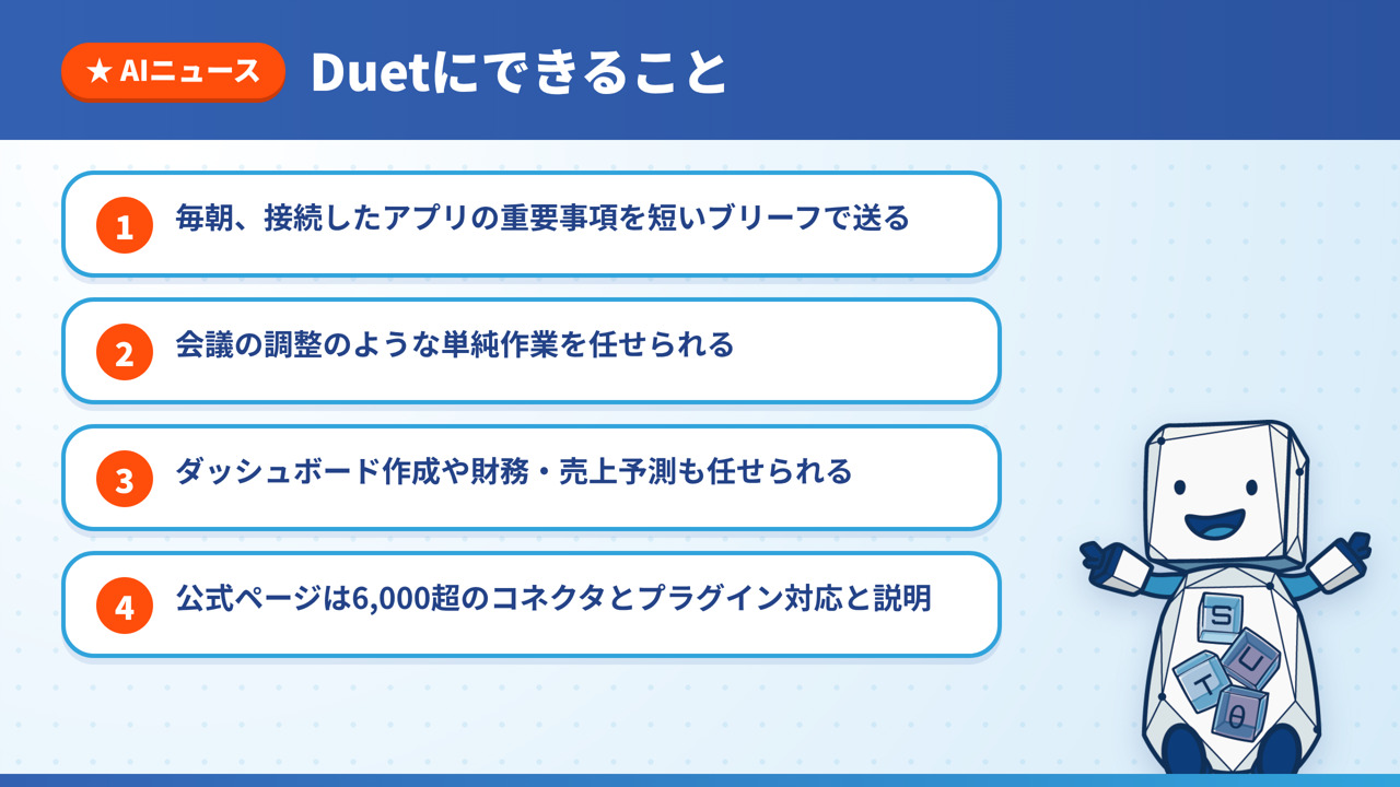 Duetにできることを4点にまとめた図解。毎朝のブリーフ、単純作業、ダッシュボード作成や予測、6,000超のコネクタとプラグイン