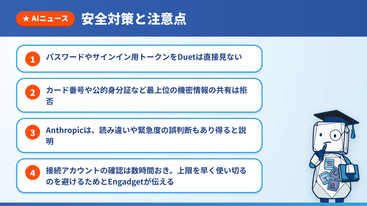 Duetの安全対策と注意点を4点にまとめた図解。資格情報を直接見ない、最上位の機密情報の拒否、読み違いの可能性、確認の間隔
