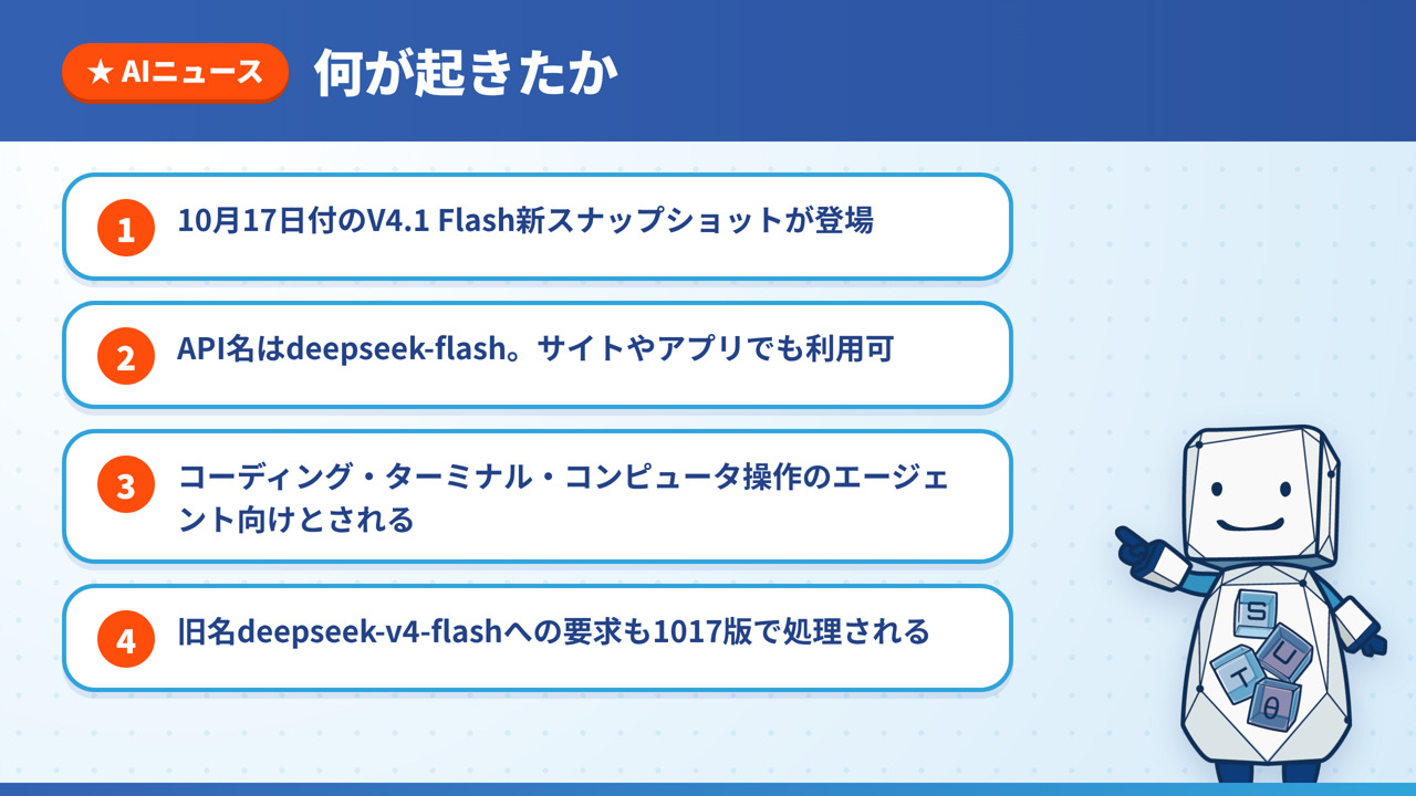 DeepSeek V4.1 Flash新版について、新スナップショットの登場、API名deepseek-flash、エージェント向け、旧名への要求も1017版で処理される点を4つにまとめた図解