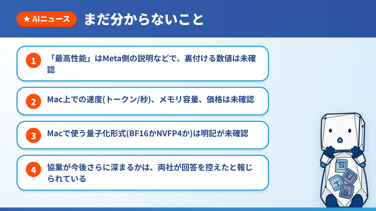 確認できていないことを4点にまとめた図解。最高性能の数値、Macでの速度・メモリ・価格、量子化形式、協業の今後